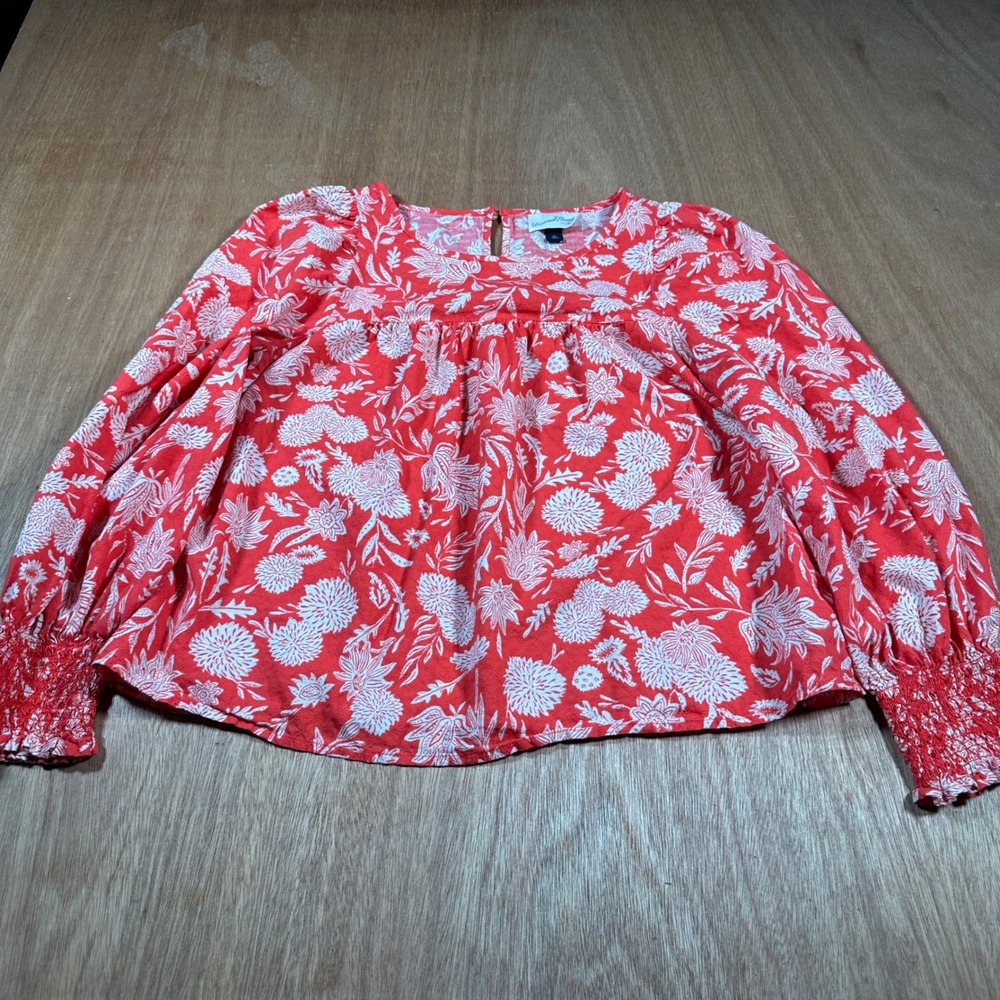 Universal Thread Blouse Womens XS Orange Floral Smocked Cuff Boho Top F00347738